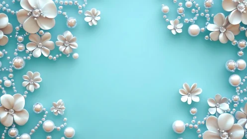Pearl flower garlands frame glossy turquoise background