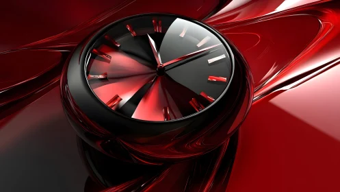 Futuristic glossy black and red clock in abstract digital art style.
