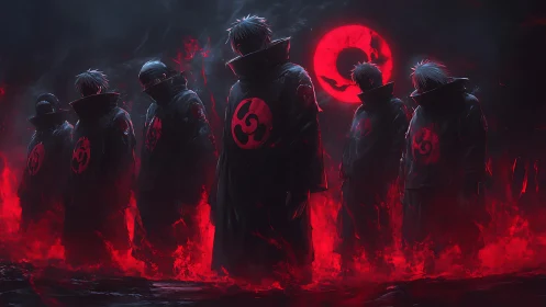 Masked ninja cohort stands in red infernal haze under eclipse