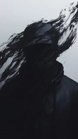 Abstract hooded figure dissolves into dynamic black brushstrokes