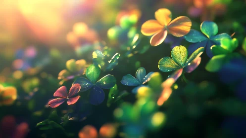 Iridescent clover leaves glow under soft golden backlight