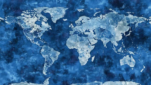 World map silhouette floats over textured ocean blues.