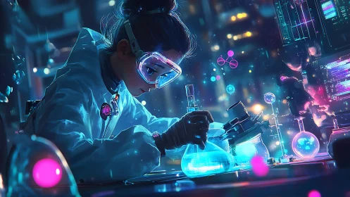Young scientist conducts neon lit experiment in futuristic lab