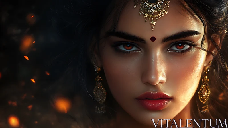 Hyperreal portrait of jeweled woman with ember-lit gaze