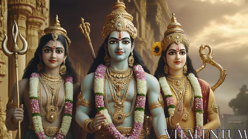 Hindu deities in ornate temple setting with detailed garlands.