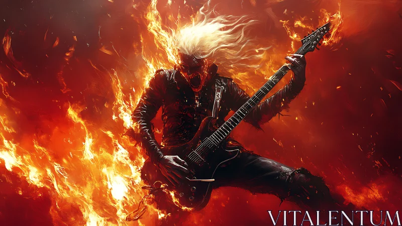 Infernal guitar soloer engulfed in blazing cinematic flames.
