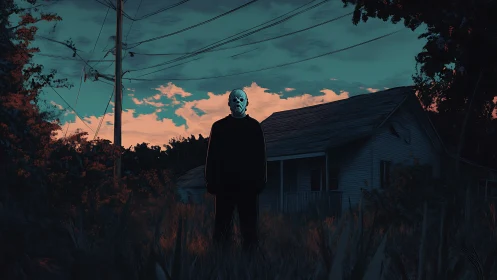 Masked figure stands before rural house at dusk