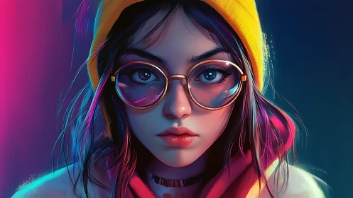Neon-lit digital portrait of girl with glasses and yellow beanie