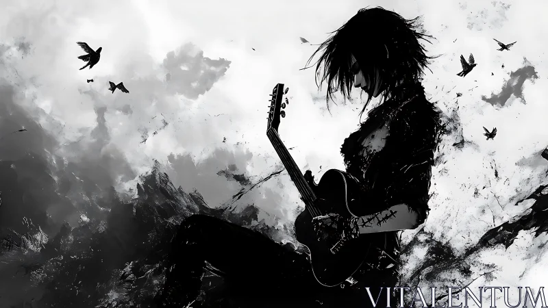 Silhouette guitarist sits amid abstract storm and birds