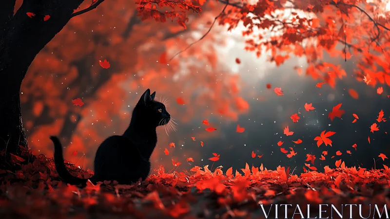 Black Cat in Autumn Leaves: Silhouette Against Falling Foliage.