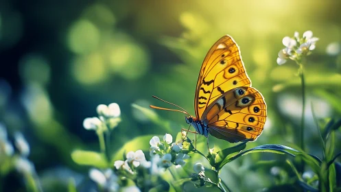 Golden butterfly rests in glowing spring garden light