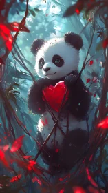 Digital illustration shows panda holding red heart in foliage