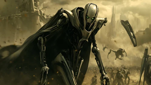 Towering robot commander strides across a hazy war zone