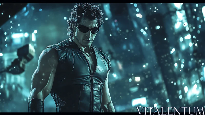 Cyber warrior stands vigilant in neon snowstormed city night.