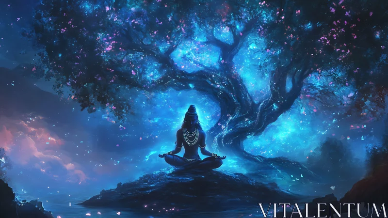 Starlit yogi settles beneath a dreaming cosmic tree of blue