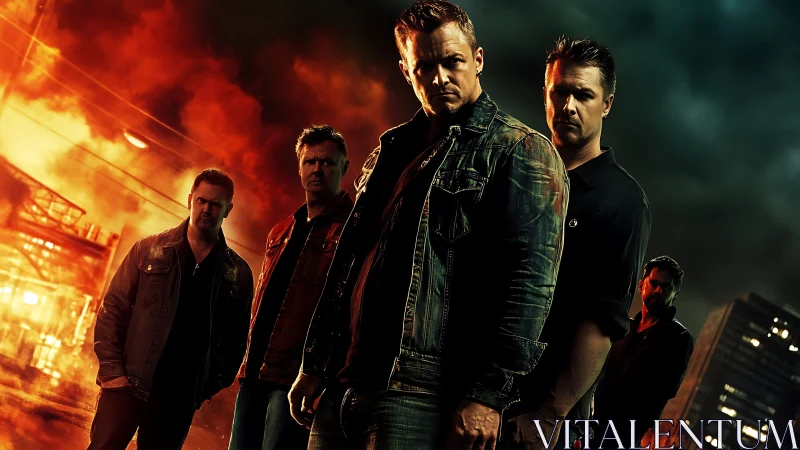 Brooding five-man crew against burning urban skyline.
