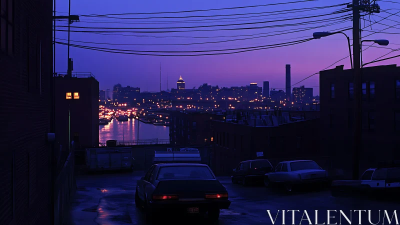Urban waterfront skyline at dusk viewed from alleyway.