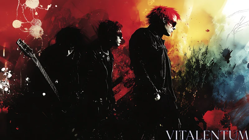 Silhouetted rock musicians against multicolor splatter field.