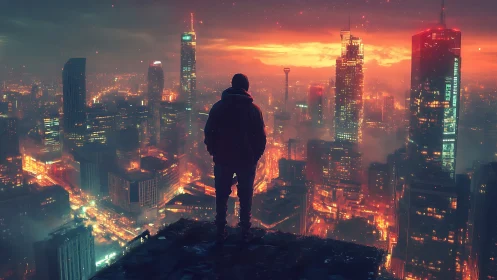 Lone rooftop watcher over ember-lit cyberpunk skyline.
