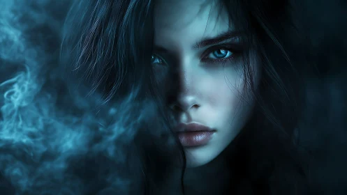 Moody blue portrait of intense woman in drifting smoke.