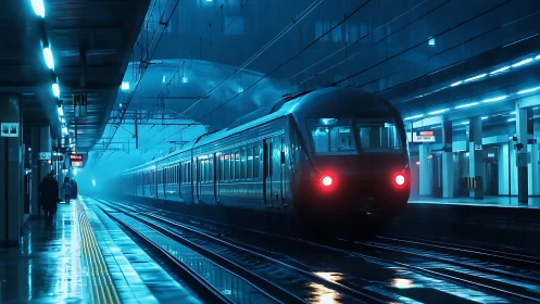 Nocturnal electric train enters misty station under blue LEDs
