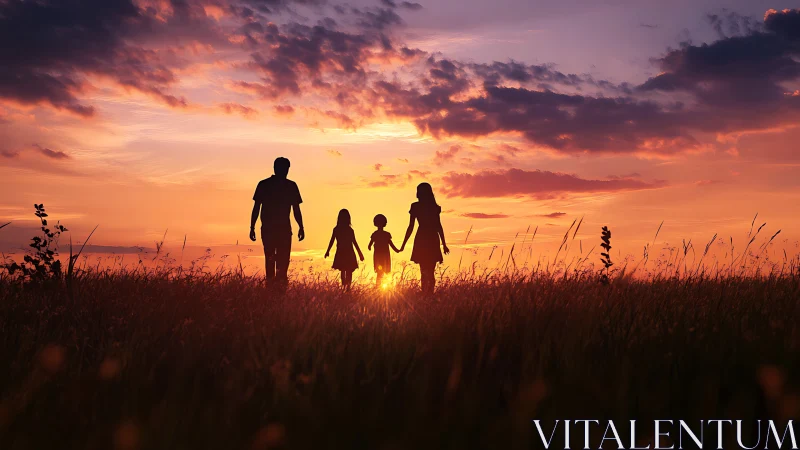 Family walking together under a warmly glowing sunset sky.