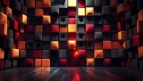 Geometric speaker wall glows with red and amber light.