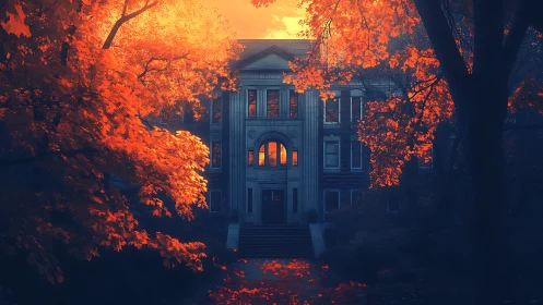 Historic mansion glows through fiery autumn forest dusk