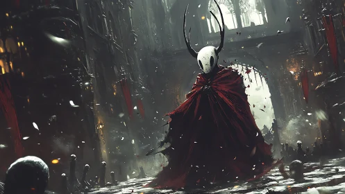 Masked wanderer in crimson cloak crossing a fallen hall.