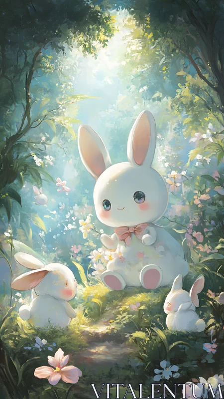 Softly illuminated forest glade hosts stylized chibi rabbits