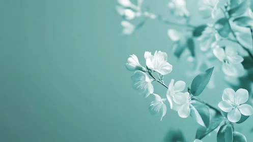 Delicate white flowers bloom in soft turquoise serenity