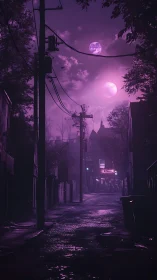 Dual moons cast neon violet glow over rainy alleyway.