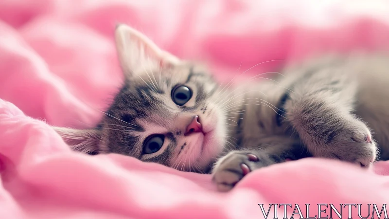 Tabby kitten lounging playfully on soft pink fabric.
