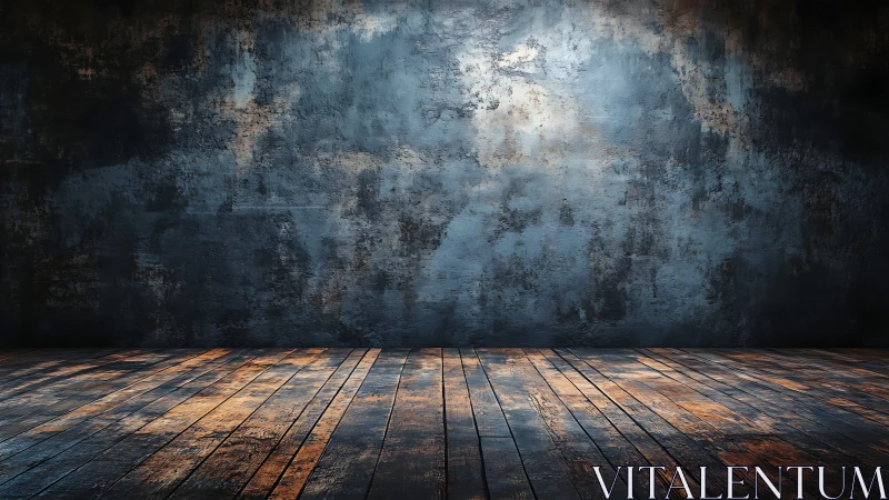Moody loft plank floor under a storm-stained steel wall.