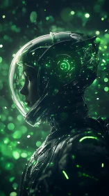 Profile view of armored astronaut in green particle field.