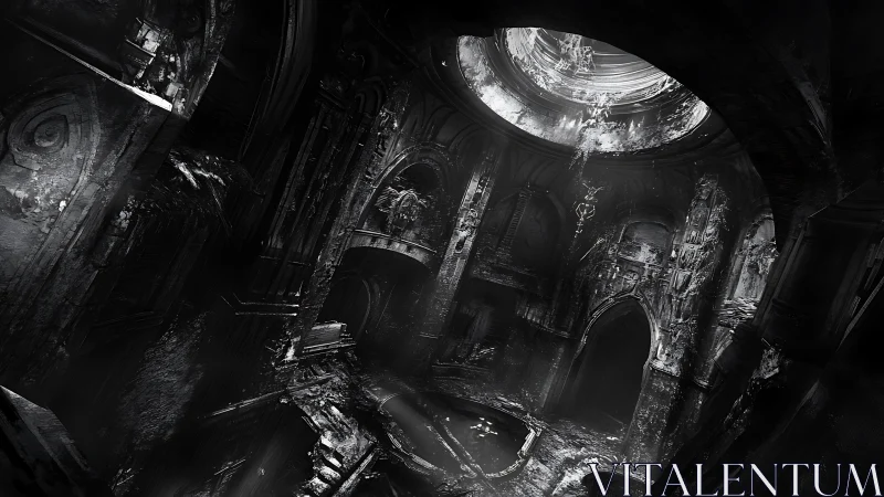 Interior of deteriorated architectural structure with oculus opening