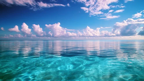 Calm shallow sea under cumulus cloud formations at noon.