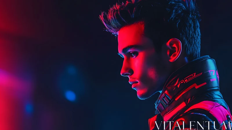 Side profile of illuminated male in neon cyber attire.