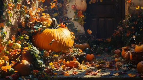 Giant pumpkin anchors rustic autumn doorway still life