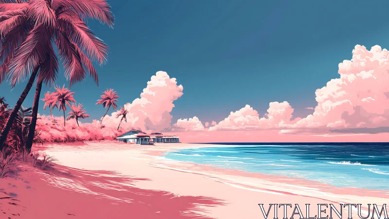 Tropical Paradise Beach with Pink-Hued Clouds and Palm Trees
