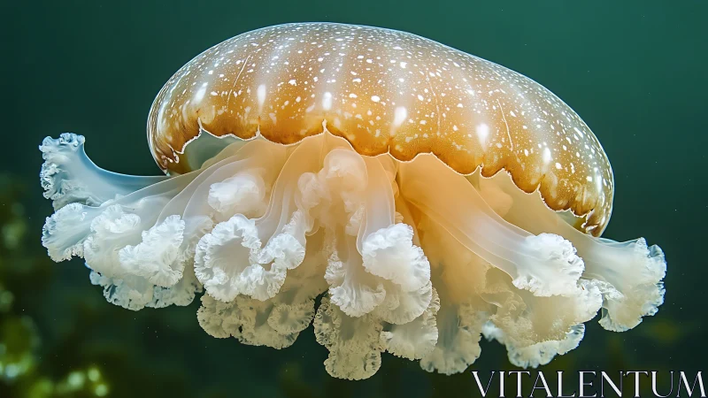 Golden jellyfish drifting through teal-lit ocean depths.