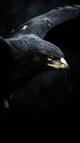 Dark eagle in flight with intense focused expression.