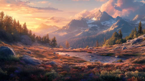 Sunset alpine valley with reflective pond and wildflowers.