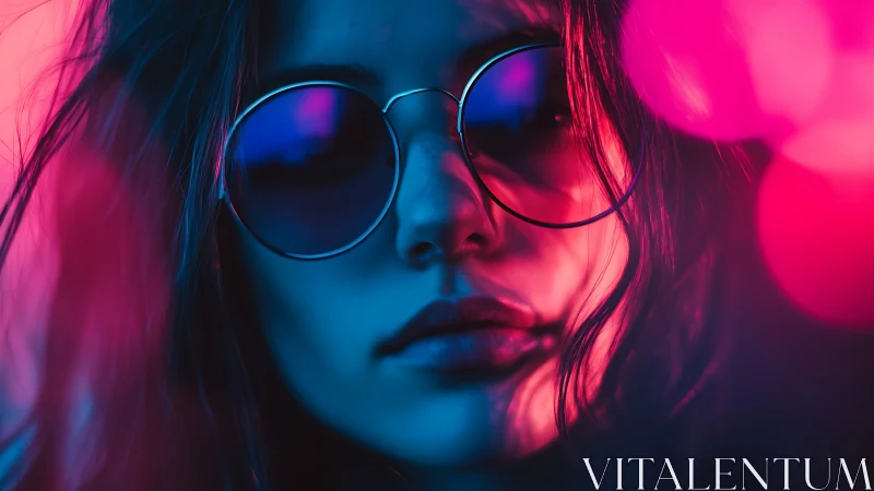 Portrait in blue and magenta neon with circular sunglasses.