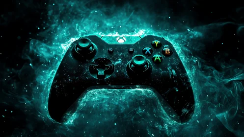 Neon Gaming Controller in Cyan Energy Field.