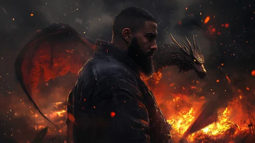 Bearded warrior in scorched armor beside firelit dragon ally