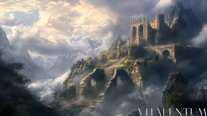 Stormlit mountain citadel above misty ruined stairway.