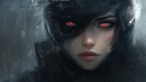 Red eyed woman in dark cyber coat under rainstorm.