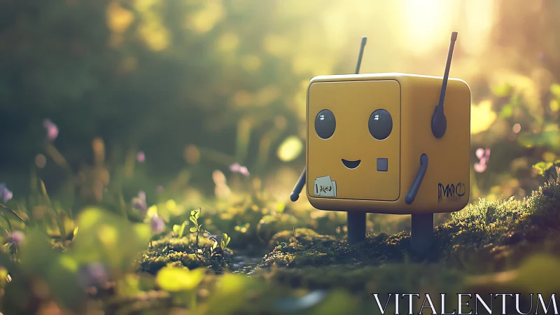 Cute yellow robot explores soft mossy forest clearing