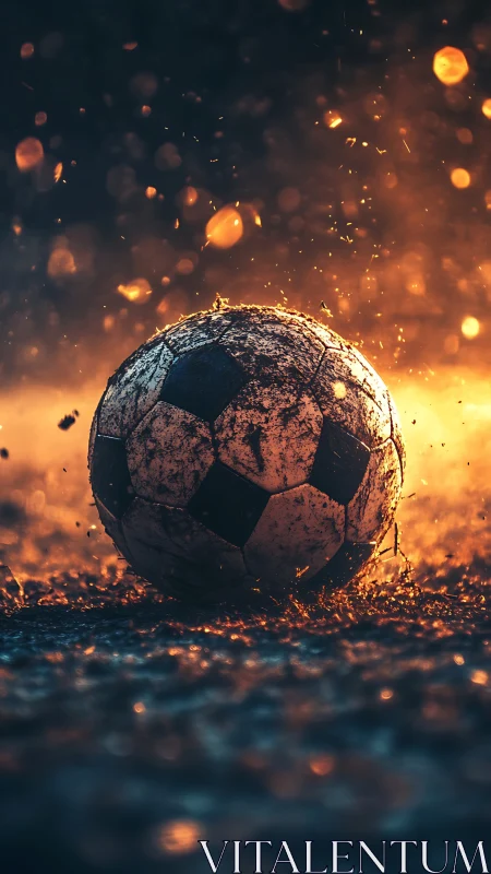 Mud-splattered soccer ball on wet ground under warm light.